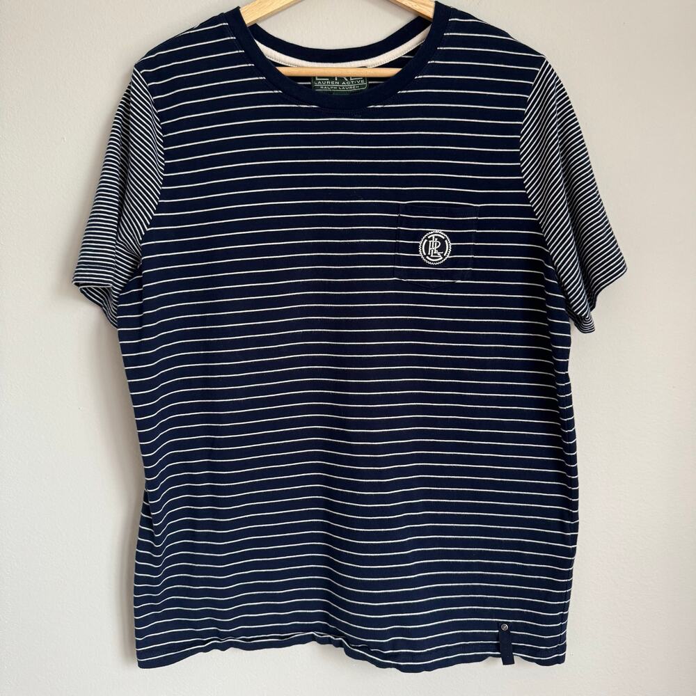Lauren Ralph Lauren Active Striped T-Shirt Women’s 1X Navy White Cotton Pocket